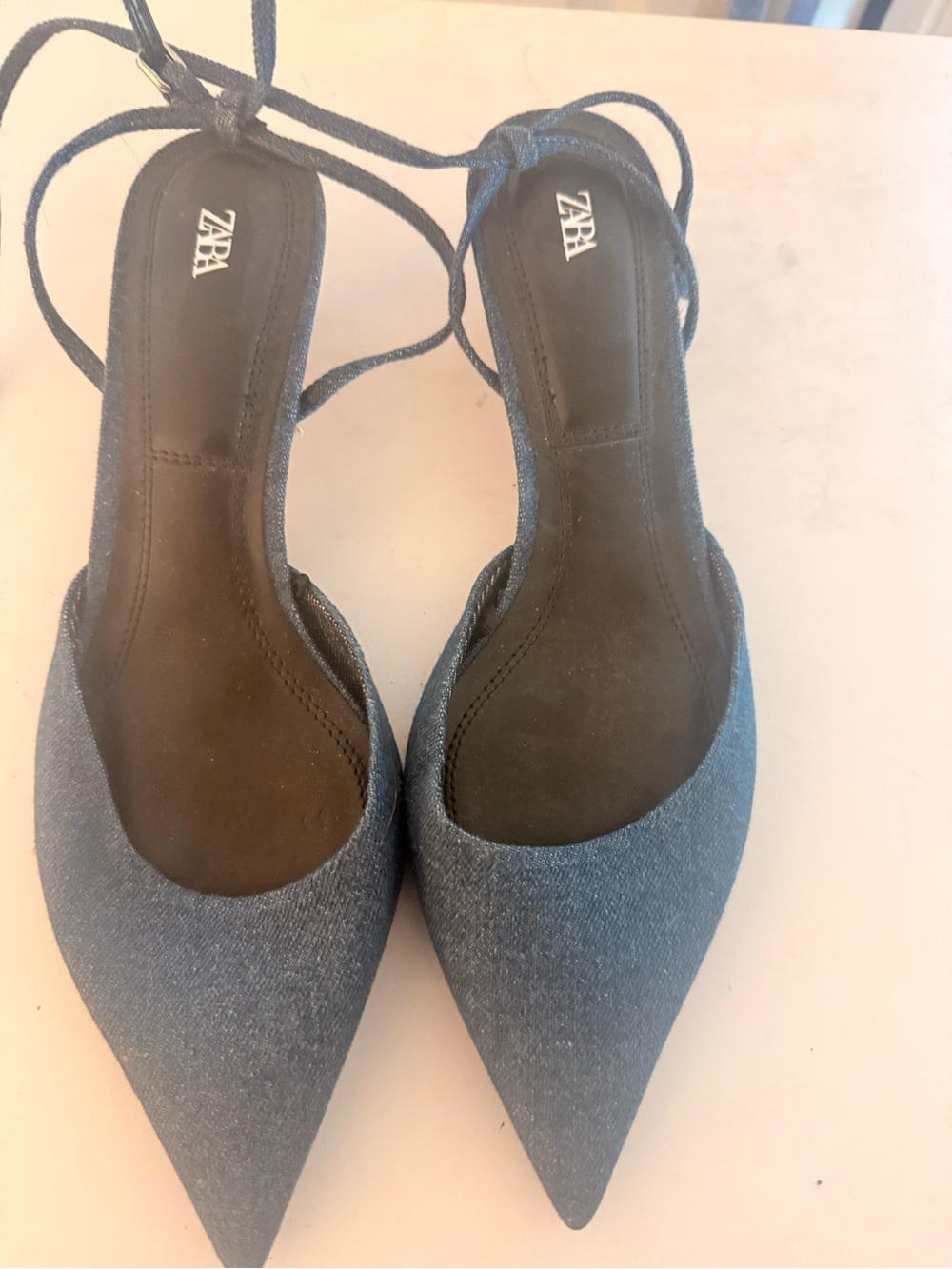 ZARA Denim Pointed Tie-Back Heels in Blue